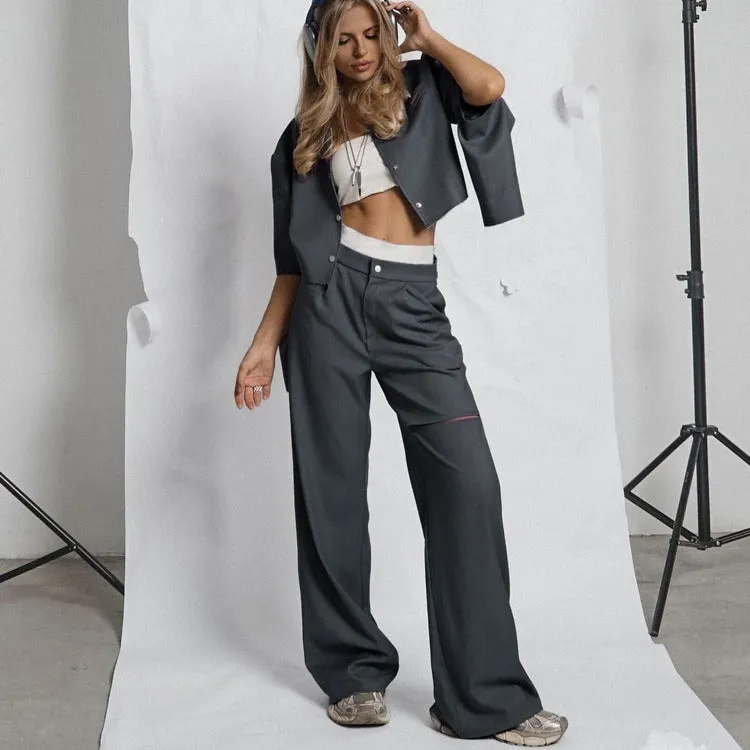 Edgy Cropped Button-Up and Wide-Leg Pants Streetwear Two-Piece Set