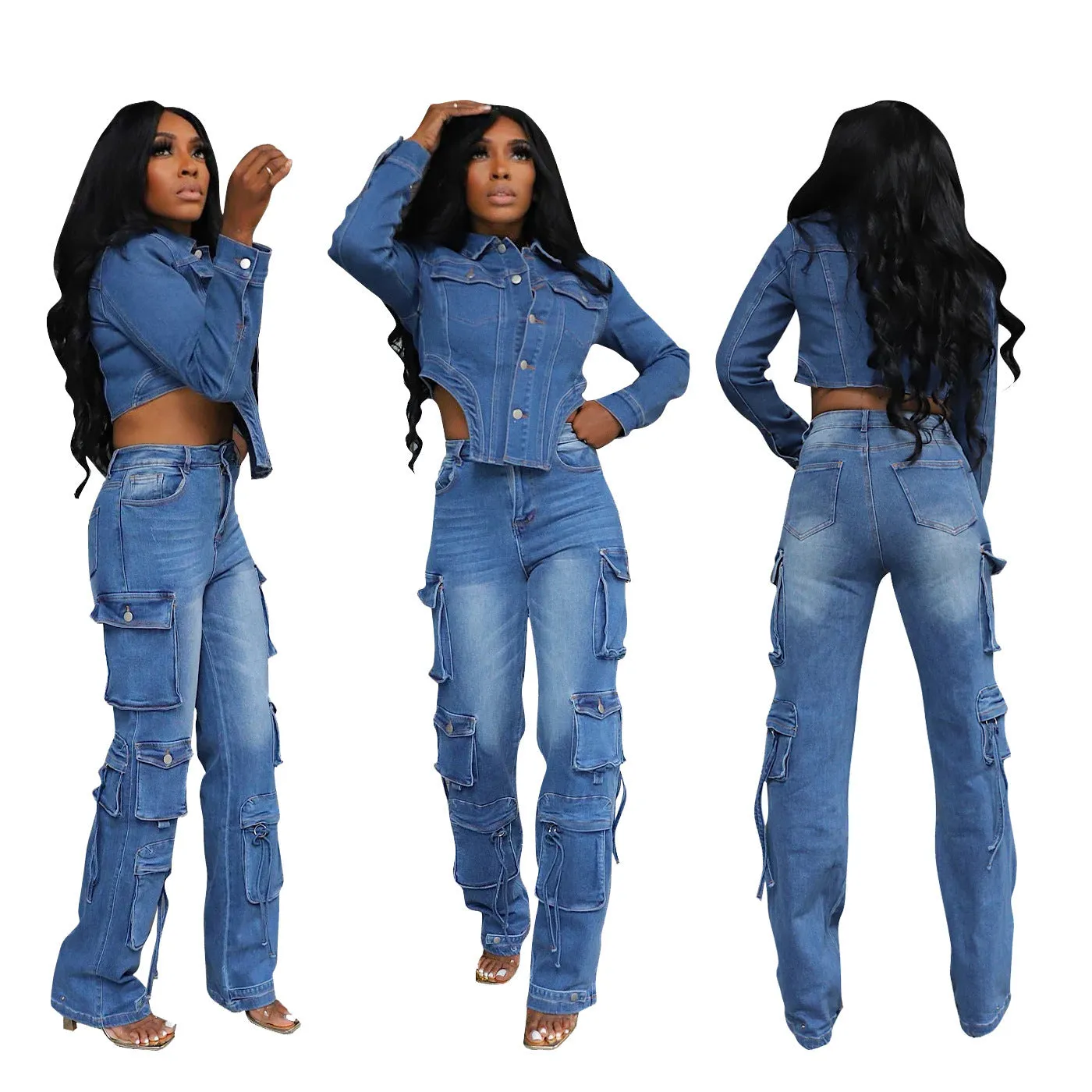Edgy Cutout Cropped Denim Jacket and Cargo Pocket Jeans Two-Piece Set