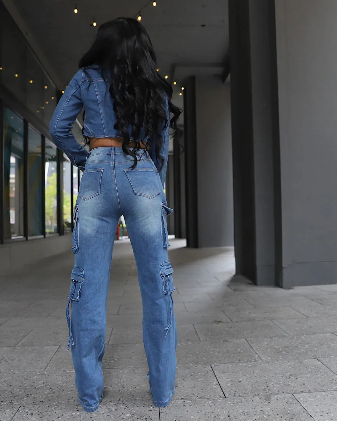 Edgy Cutout Cropped Denim Jacket and Cargo Pocket Jeans Two-Piece Set