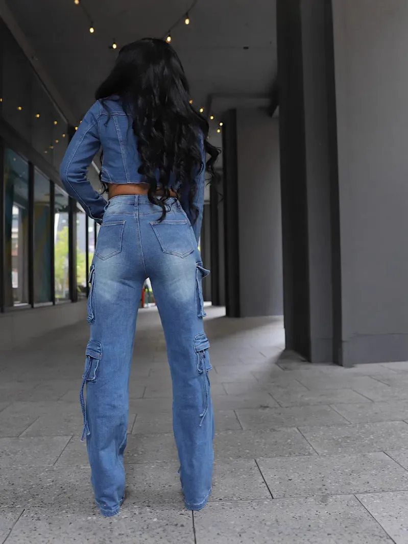 Edgy Cutout Cropped Denim Jacket and Cargo Pocket Jeans Two-Piece Set