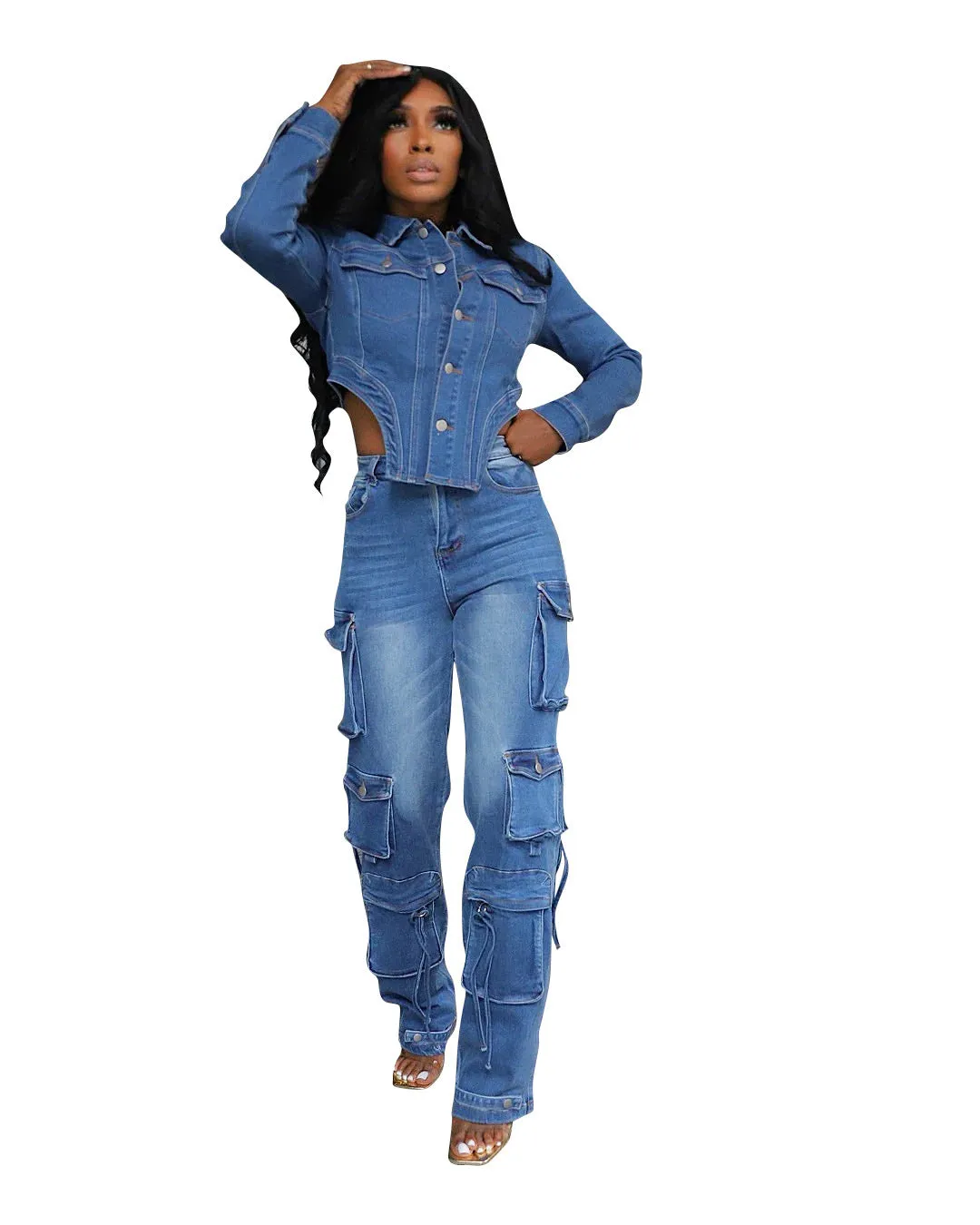 Edgy Cutout Cropped Denim Jacket and Cargo Pocket Jeans Two-Piece Set