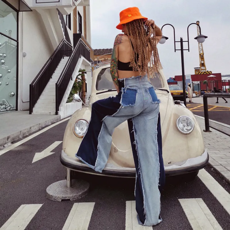 Edgy High-Waist Two-Tone Patchwork Wide-Leg Denim Jeans