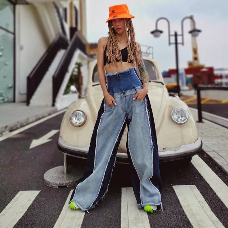 Edgy High-Waist Two-Tone Patchwork Wide-Leg Denim Jeans