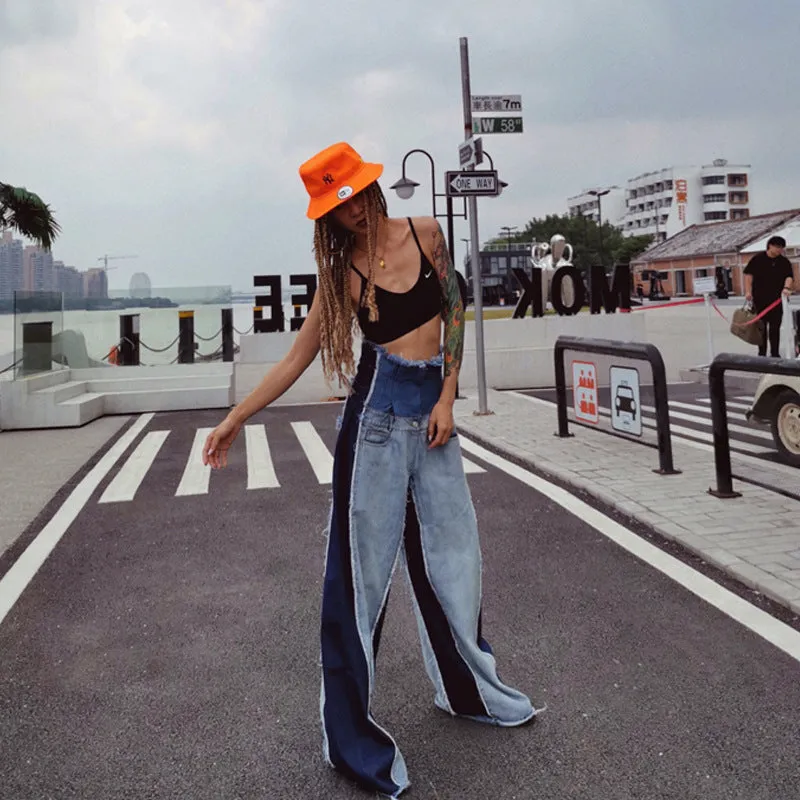 Edgy High-Waist Two-Tone Patchwork Wide-Leg Denim Jeans