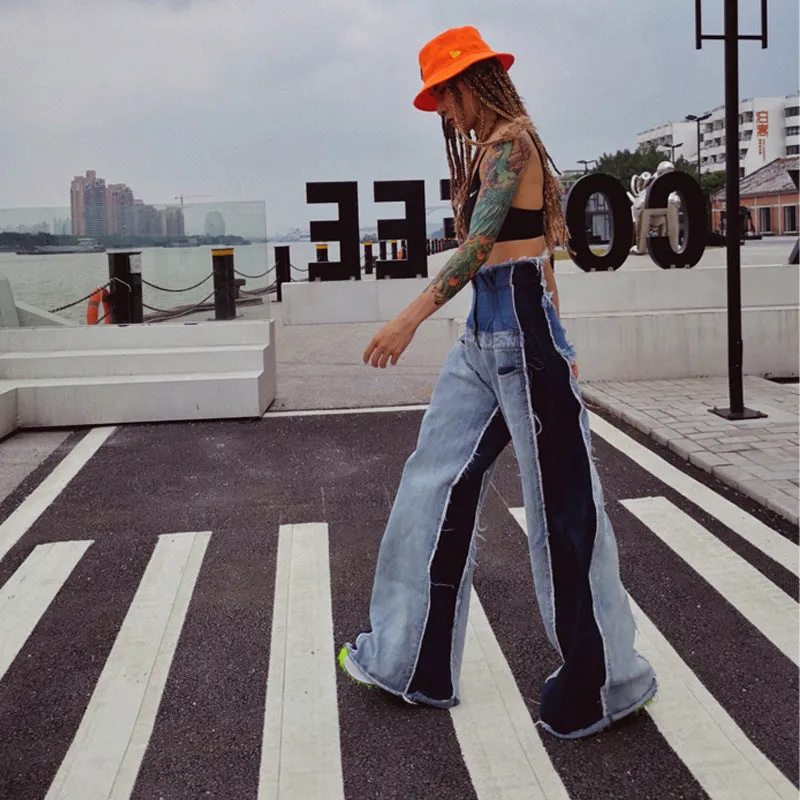 Edgy High-Waist Two-Tone Patchwork Wide-Leg Denim Jeans