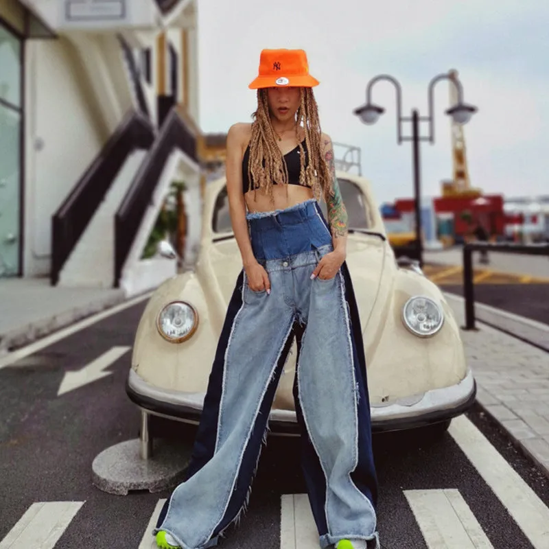 Edgy High-Waist Two-Tone Patchwork Wide-Leg Denim Jeans