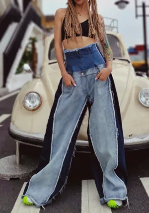 Edgy High-Waist Two-Tone Patchwork Wide-Leg Denim Jeans
