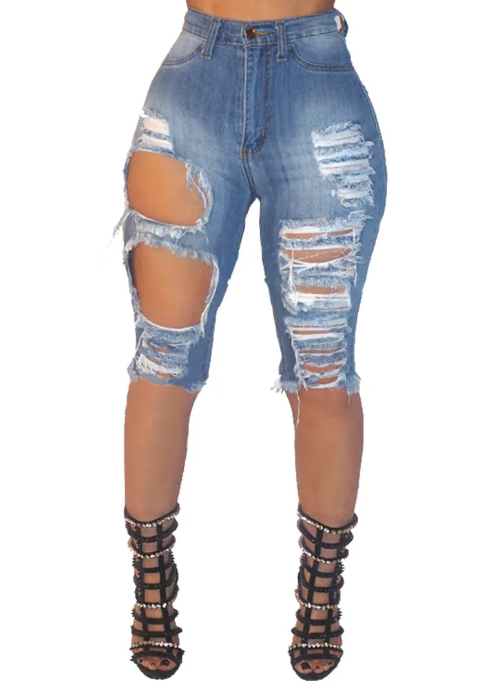 Edgy High-Waisted Distressed Ripped Denim Bermuda Shorts