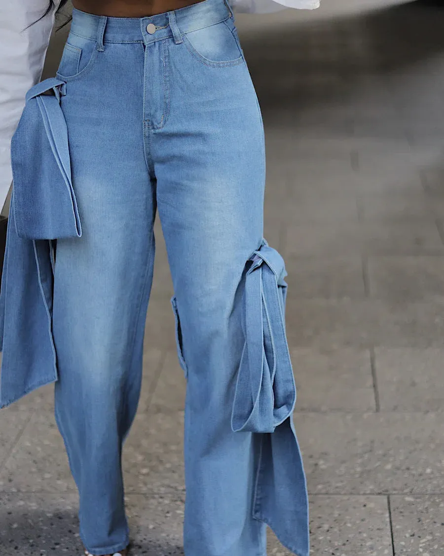 Edgy Lace-Up Pocket Detail Wide-Leg Washed Denim Jeans