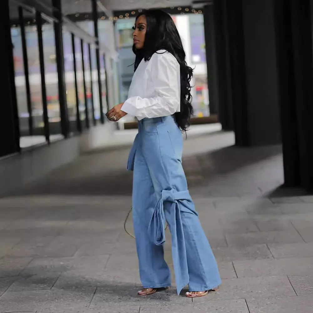 Edgy Lace-Up Pocket Detail Wide-Leg Washed Denim Jeans