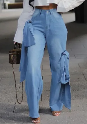 Edgy Lace-Up Pocket Detail Wide-Leg Washed Denim Jeans