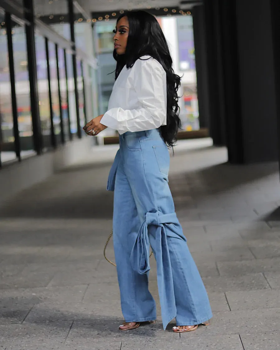 Edgy Lace-Up Pocket Detail Wide-Leg Washed Denim Jeans