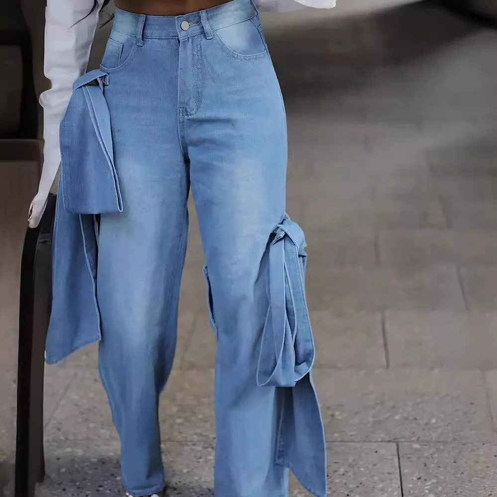 Edgy Lace-Up Pocket Detail Wide-Leg Washed Denim Jeans