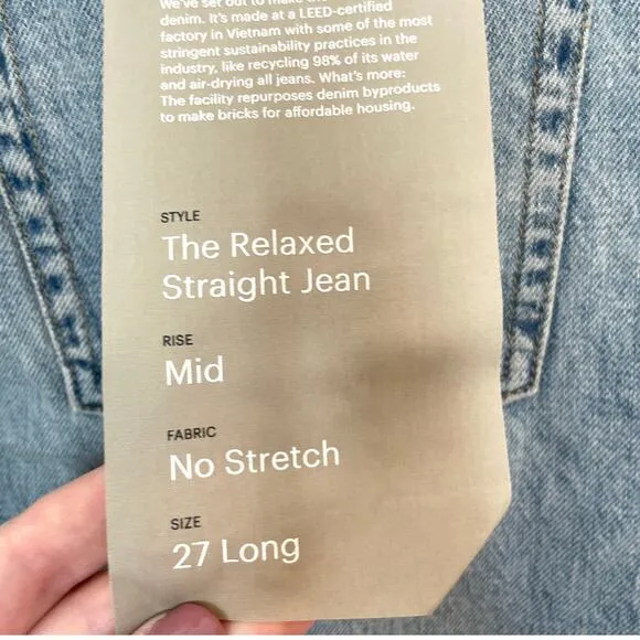 Everlane The Relaxed Straight Organic Cotton Jean Size 27 Long New