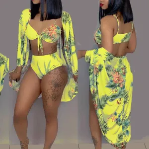 Floral Pattern Long Sleeve Three Piece Swimsuit Set