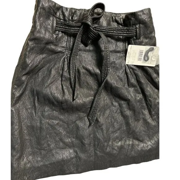 Free People Midnight Payton Paperbag Vegan Leather Tie Waist Mini Skirt Size 0