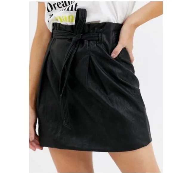 Free People Midnight Payton Paperbag Vegan Leather Tie Waist Mini Skirt Size 0