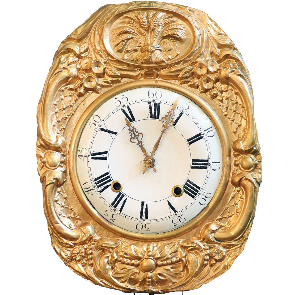 French Provincial Brass Repousse Morbier Hanging Wall Clock