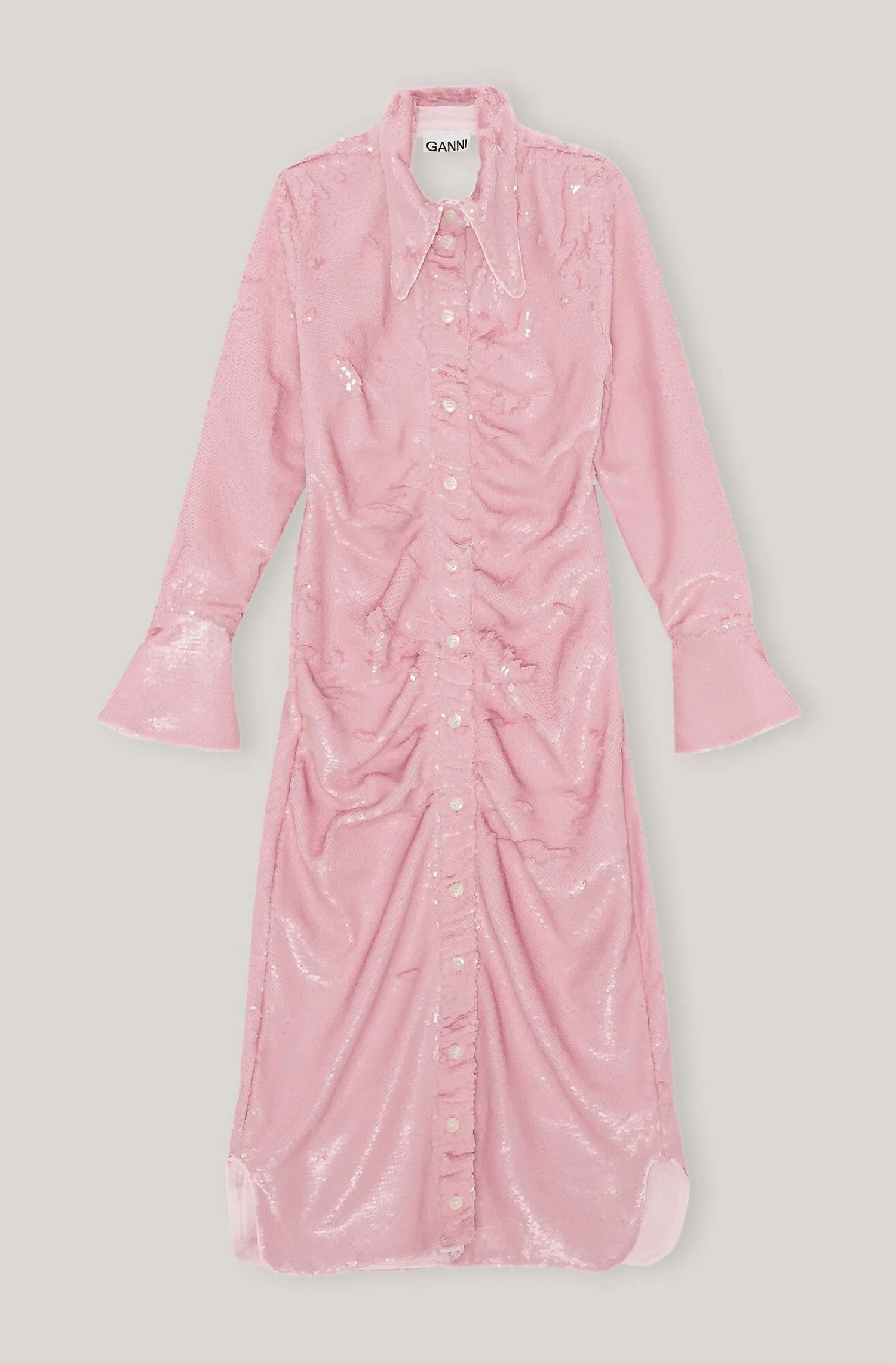 Ganni - SEQUINS SEQUINS LONG COLLAR GATHERED FITTED DRESS