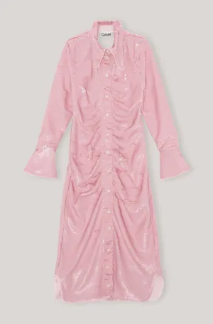 Ganni - SEQUINS SEQUINS LONG COLLAR GATHERED FITTED DRESS