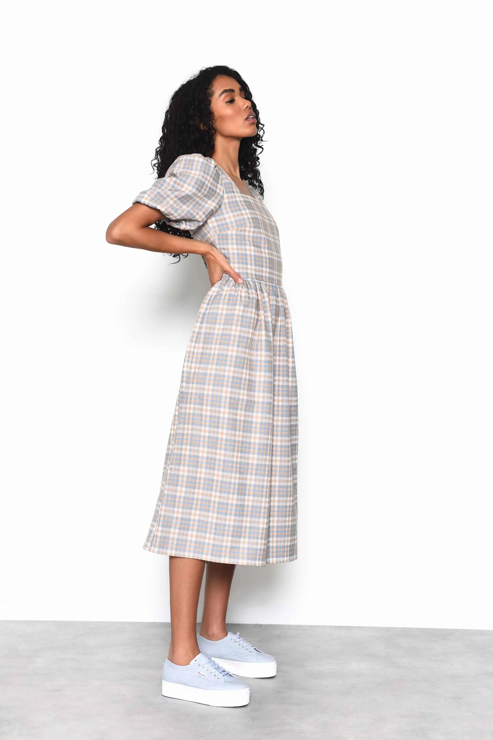 Glamorous Light Blue Multi Check Square Neck Puff Sleeve Midi Dress