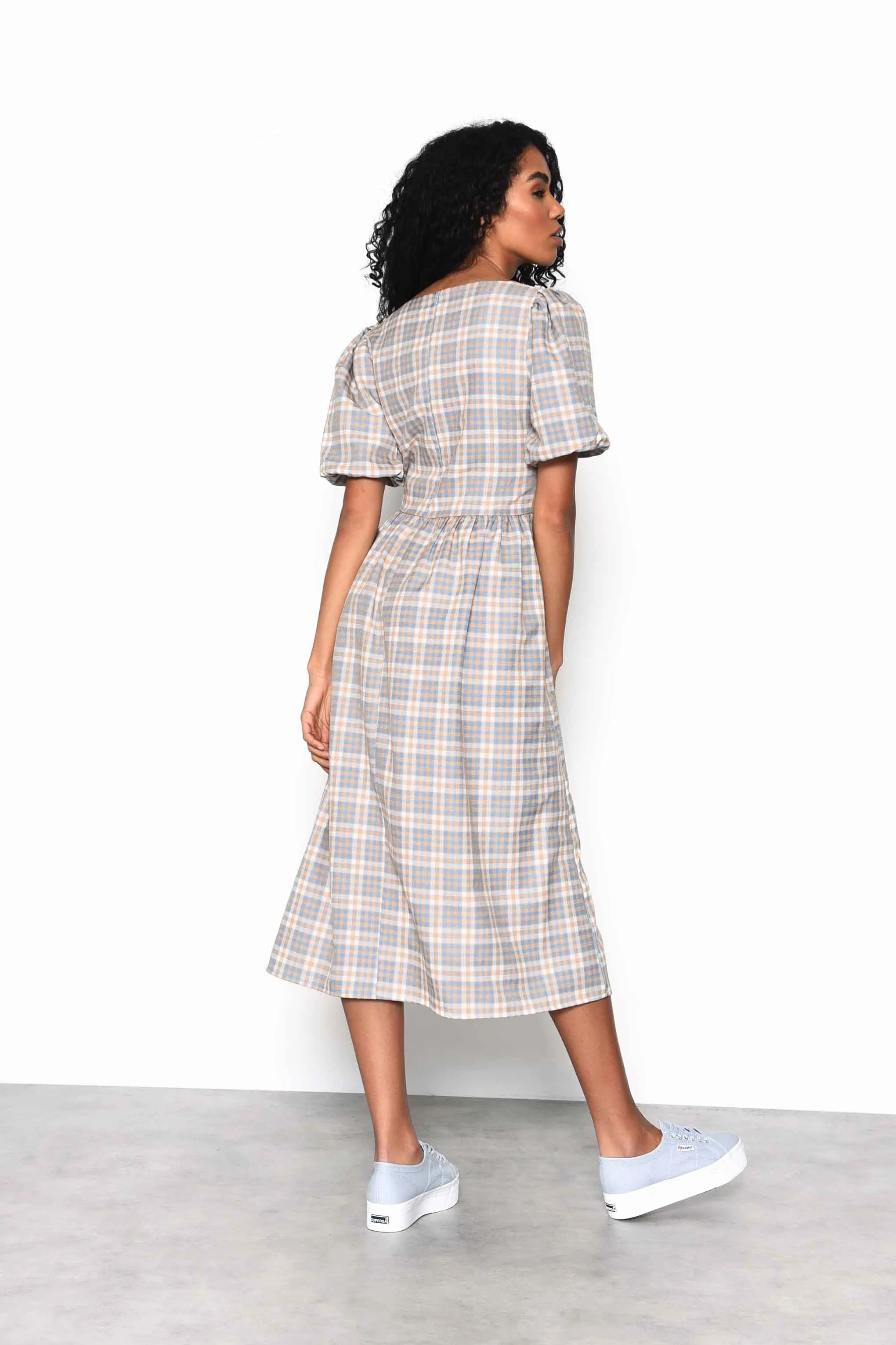 Glamorous Light Blue Multi Check Square Neck Puff Sleeve Midi Dress