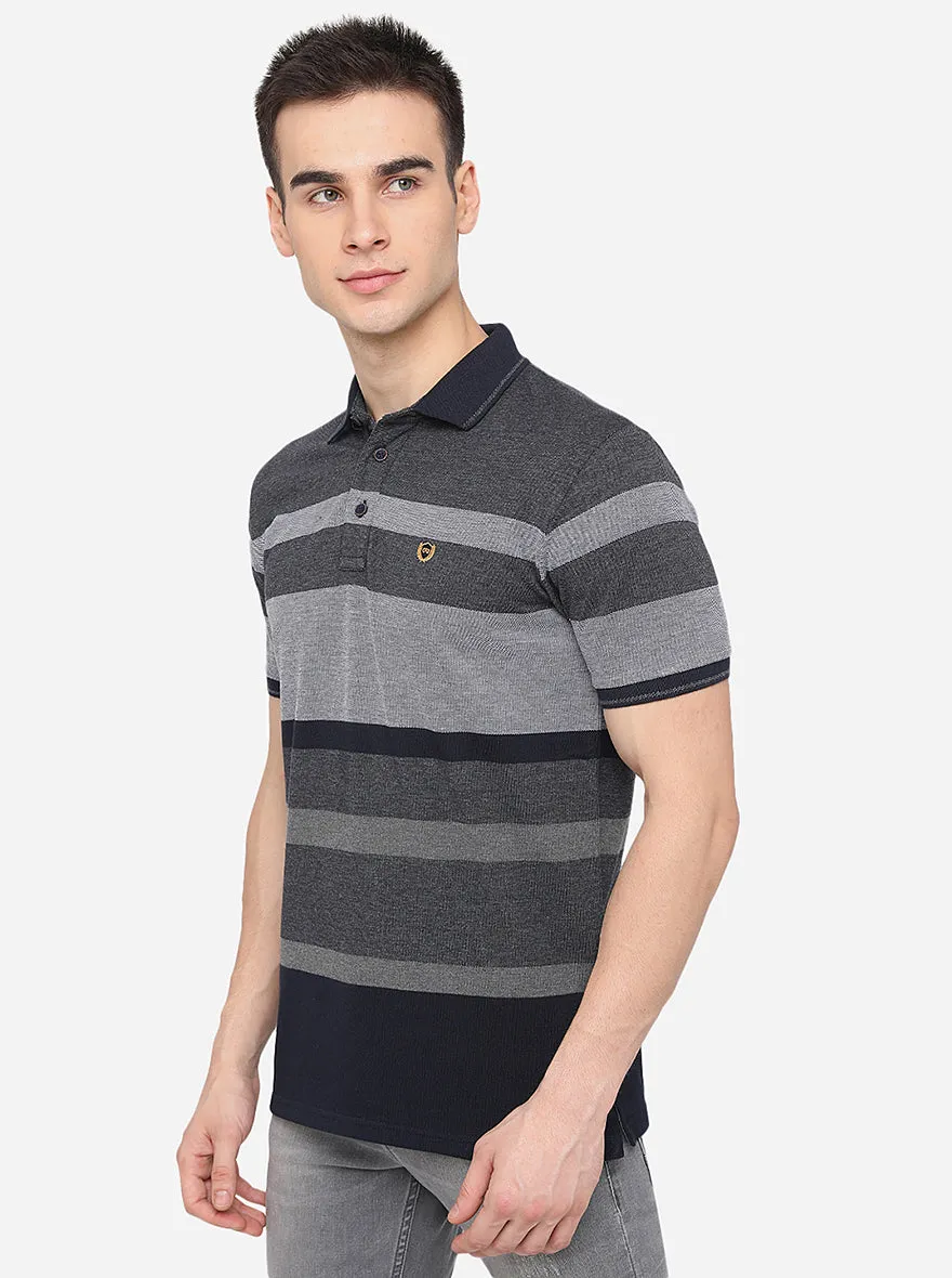 Grey Striped Slim Fit Polo T-Shirt | JadeBlue