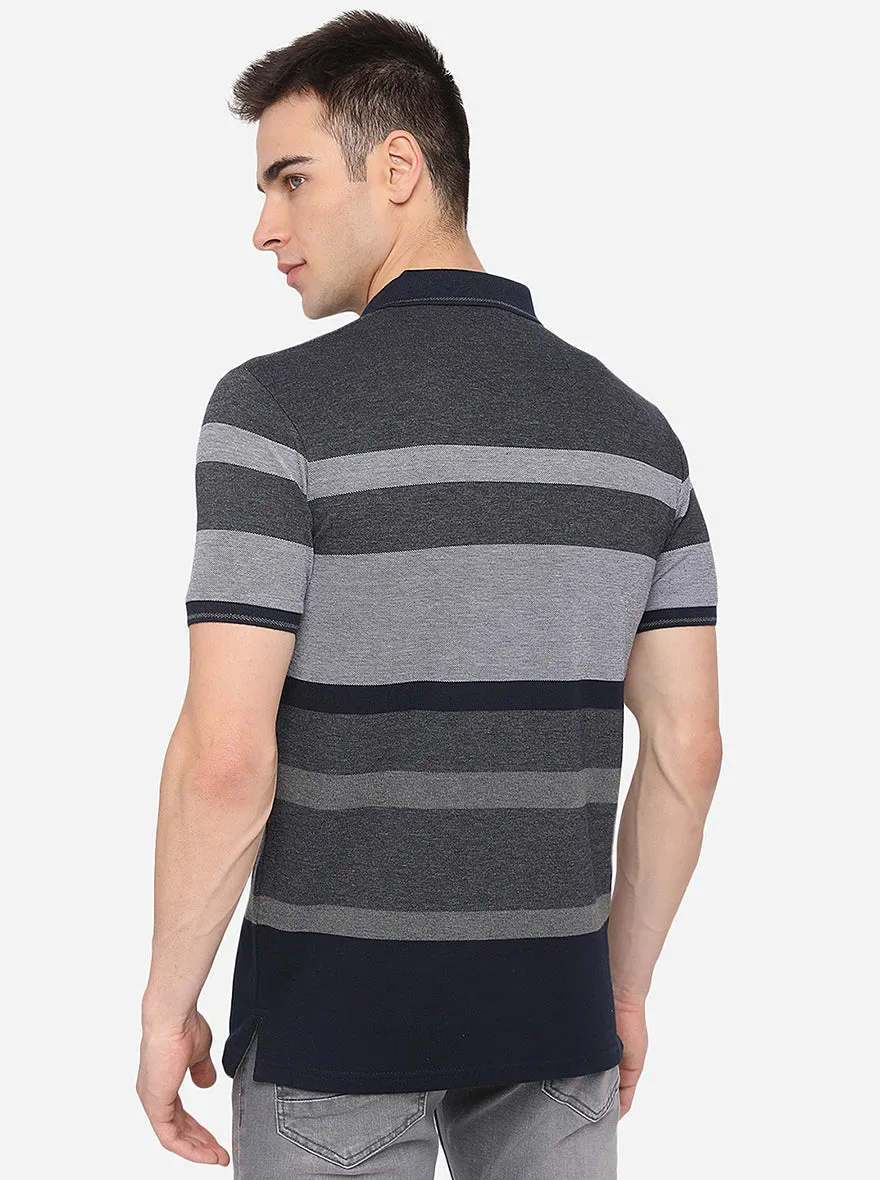 Grey Striped Slim Fit Polo T-Shirt | JadeBlue