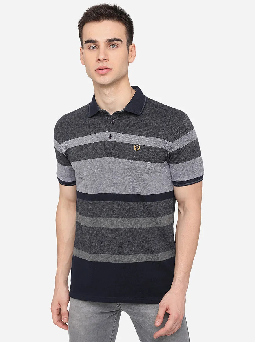 Grey Striped Slim Fit Polo T-Shirt | JadeBlue