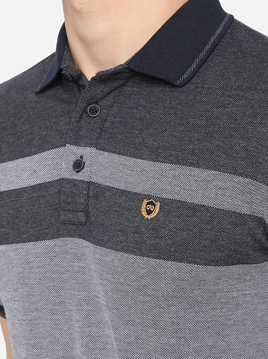 Grey Striped Slim Fit Polo T-Shirt | JadeBlue