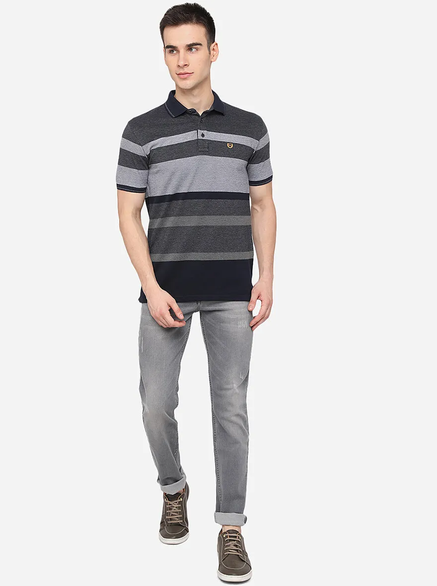 Grey Striped Slim Fit Polo T-Shirt | JadeBlue