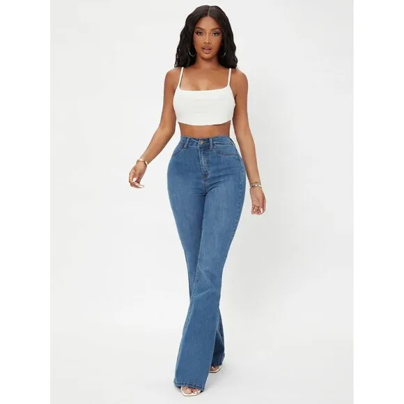High waisted boot cut jeans medium wash blue