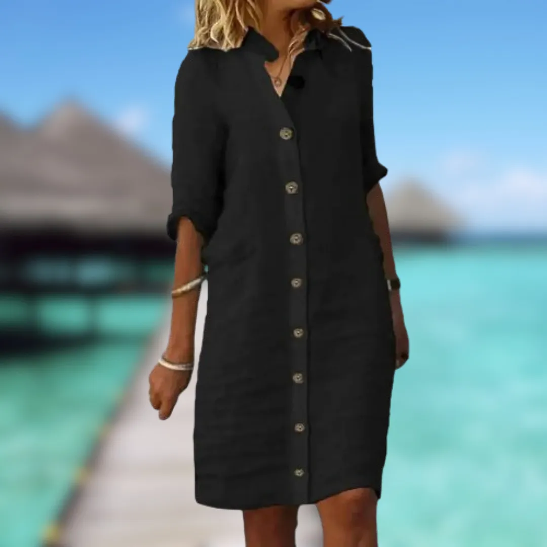 Isla - Button-Up Knee-Length Linen Dress