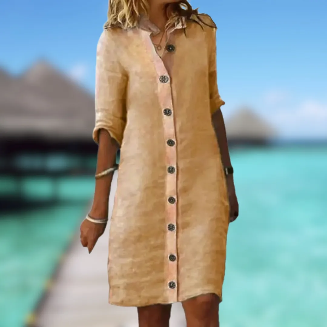 Isla - Button-Up Knee-Length Linen Dress