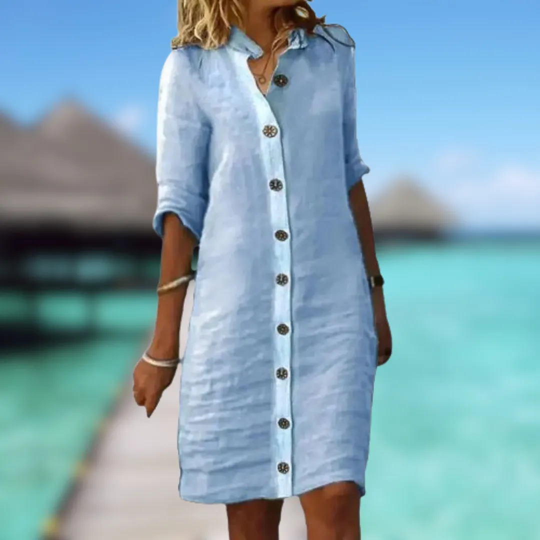 Isla - Button-Up Knee-Length Linen Dress