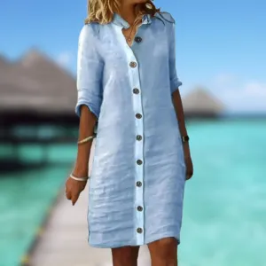 Isla - Button-Up Knee-Length Linen Dress