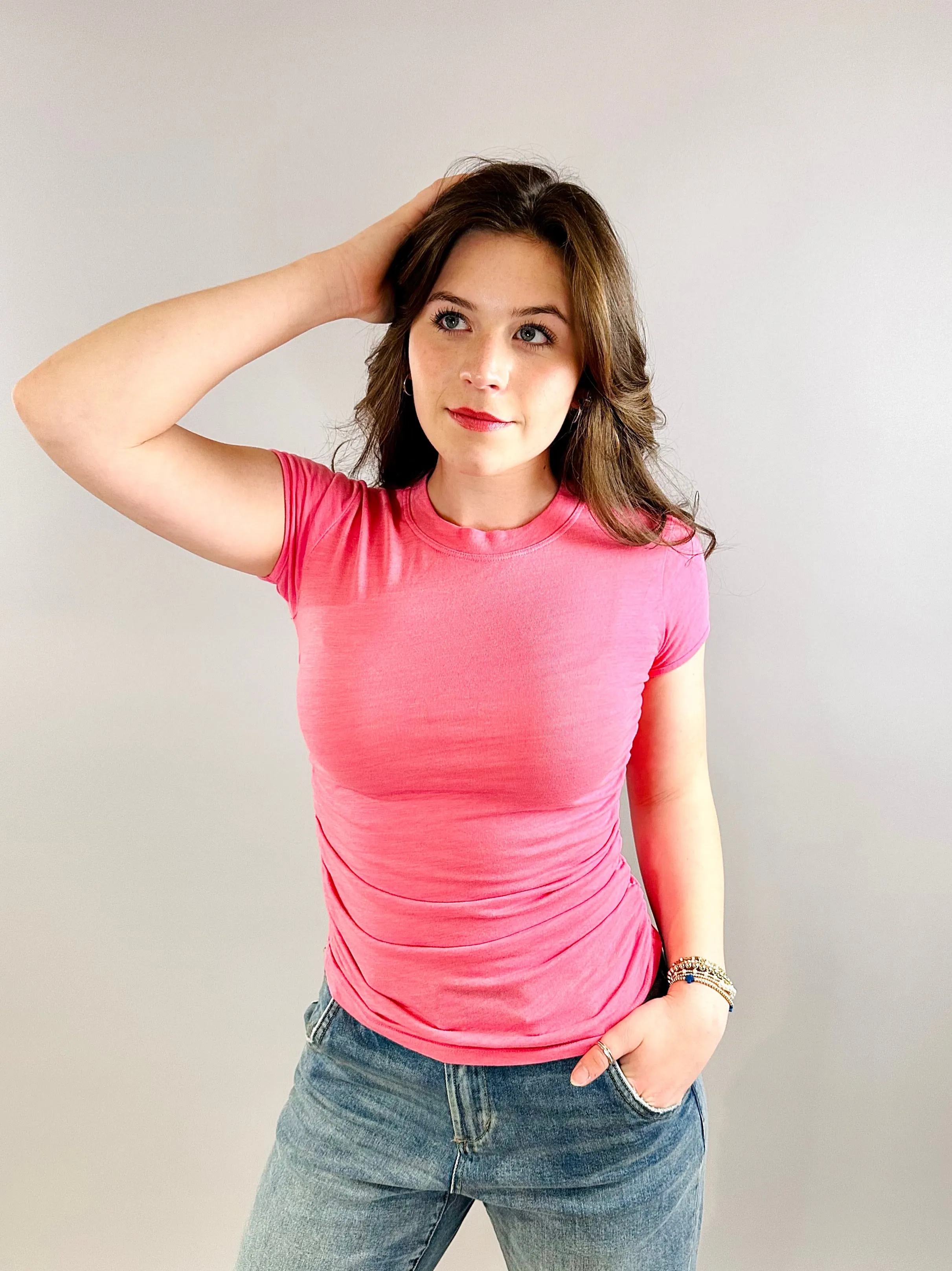 Izzie Ruched Baby Tee Flamingo