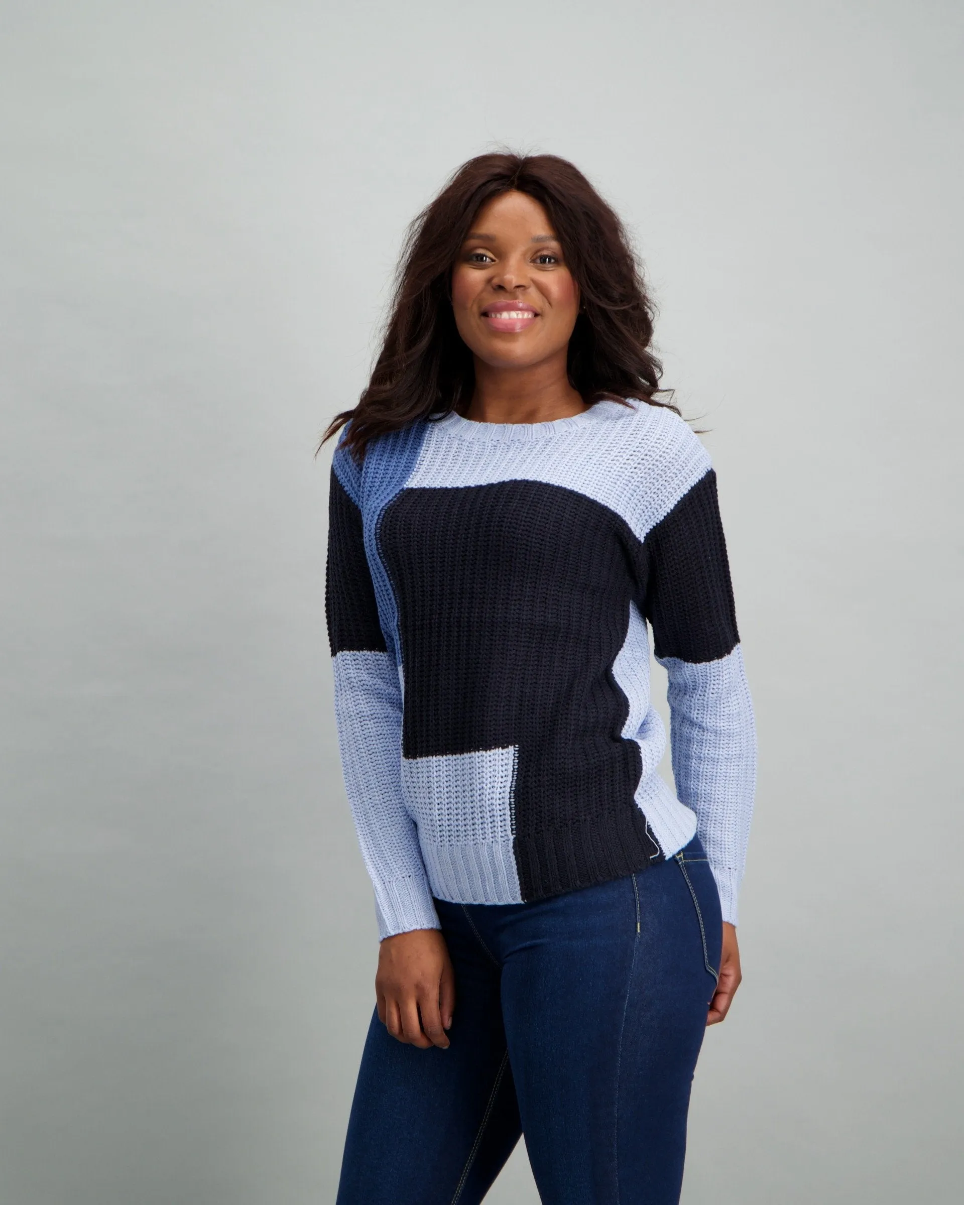 Ladies Variegated Block Stripe Pullover - Blue