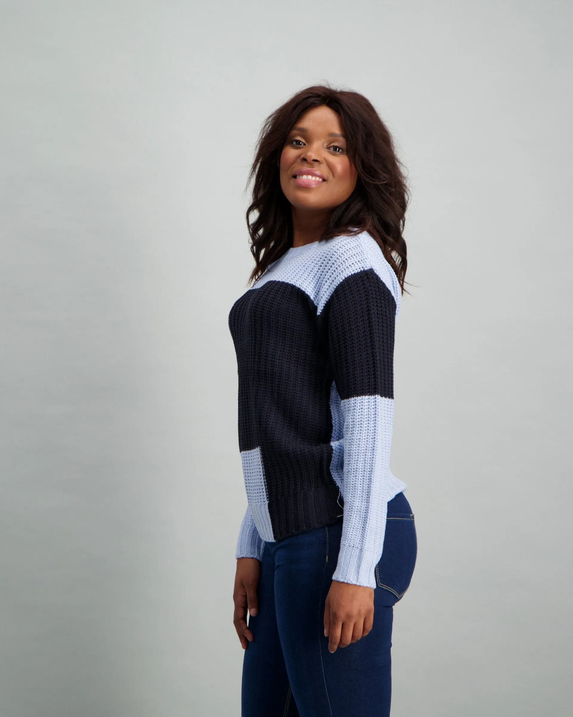 Ladies Variegated Block Stripe Pullover - Blue