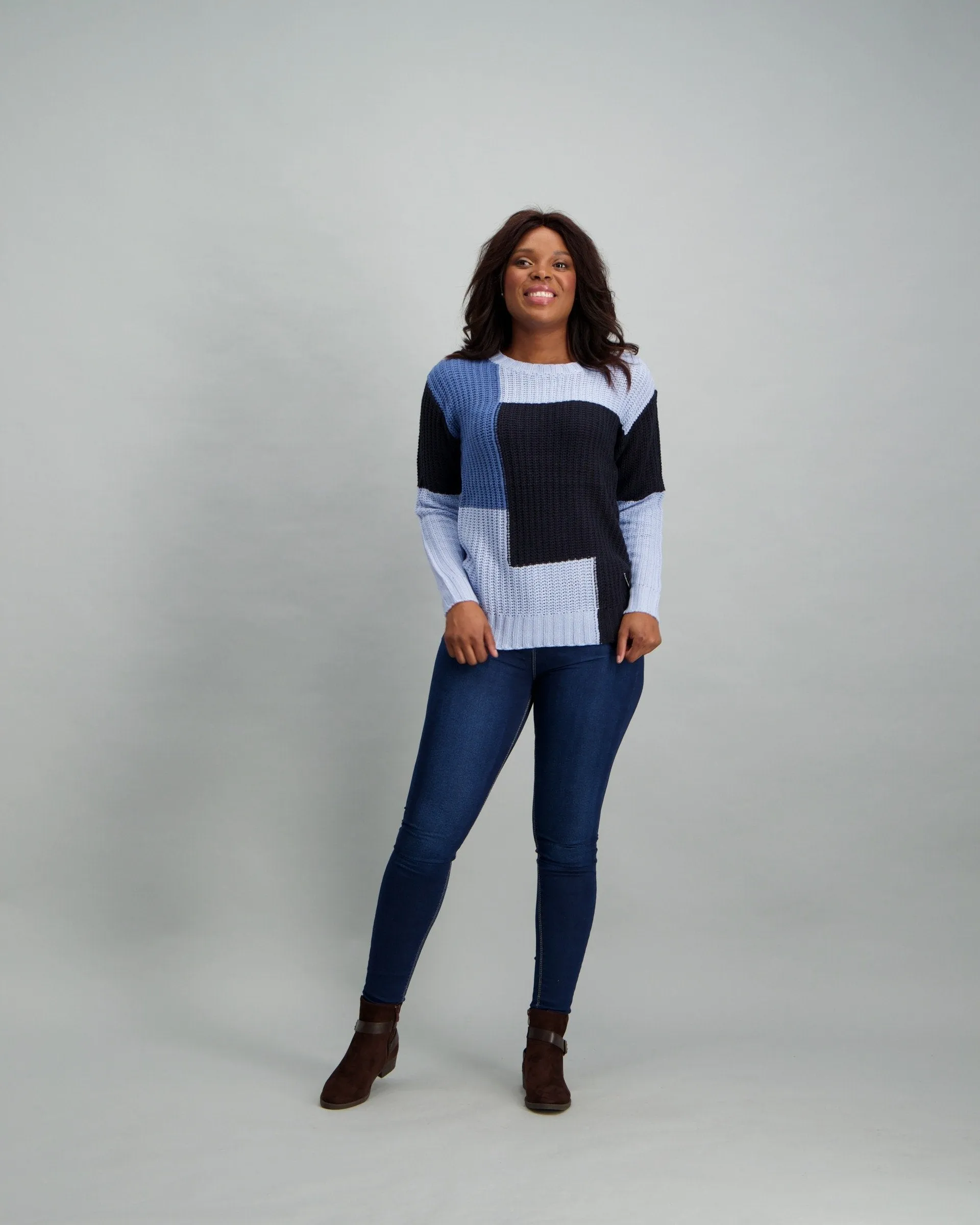 Ladies Variegated Block Stripe Pullover - Blue