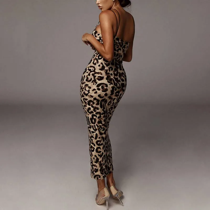 Leopard Pattern Deep V-Neck Sleeveless Dress