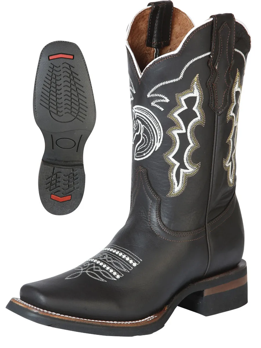 Men's Genuine Leather Embroidered Design Cowboy Boots 'El General' Choco Color 51114