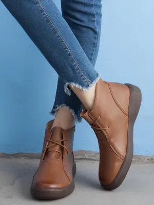 Modern Lace-Up Leather Ankle Boots - Brown