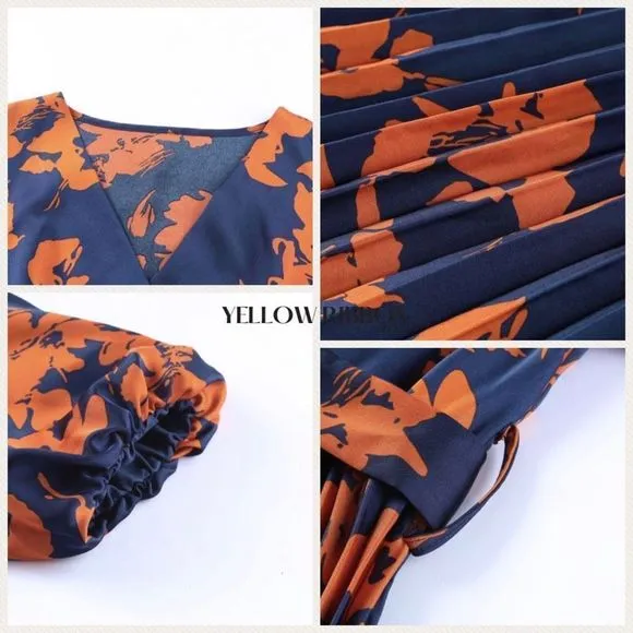 NEW Orange V Neck Wrap Pleated Maxi Floral Dress with Tie / Boho Floral Dresss