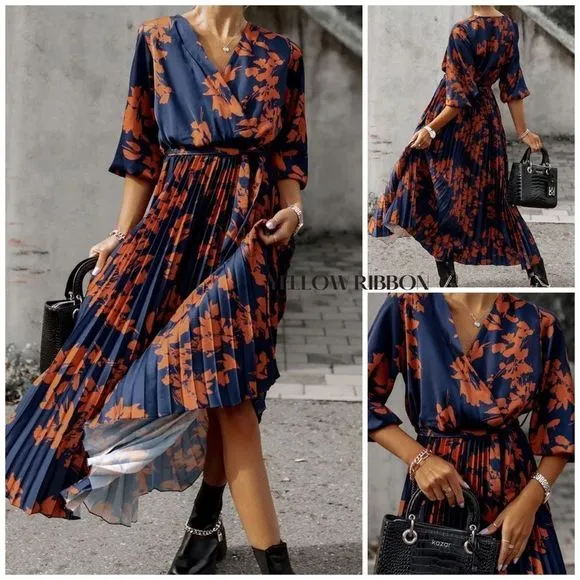 NEW Orange V Neck Wrap Pleated Maxi Floral Dress with Tie / Boho Floral Dresss