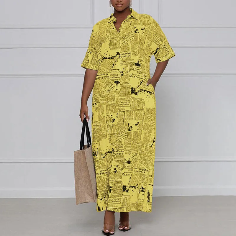 Newspaper Pattern Turndown Neck Short Sleeve Maxi Dress