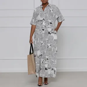 Newspaper Pattern Turndown Neck Short Sleeve Maxi Dress