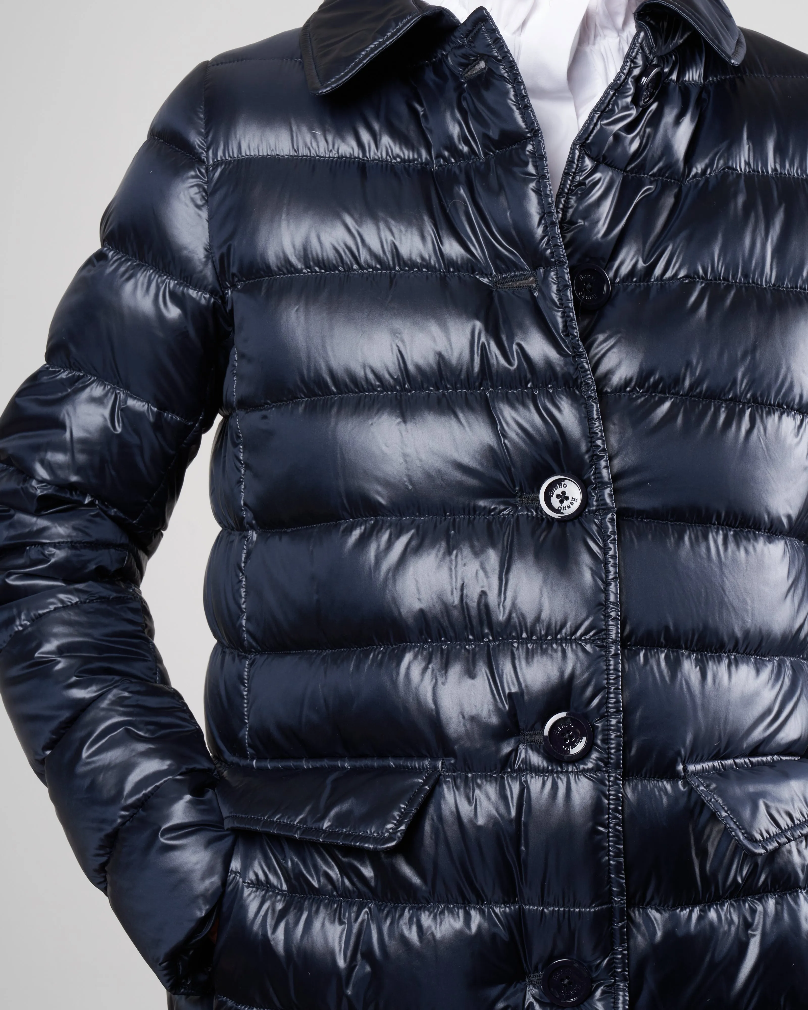 nylon ultralight button front top coat - navy