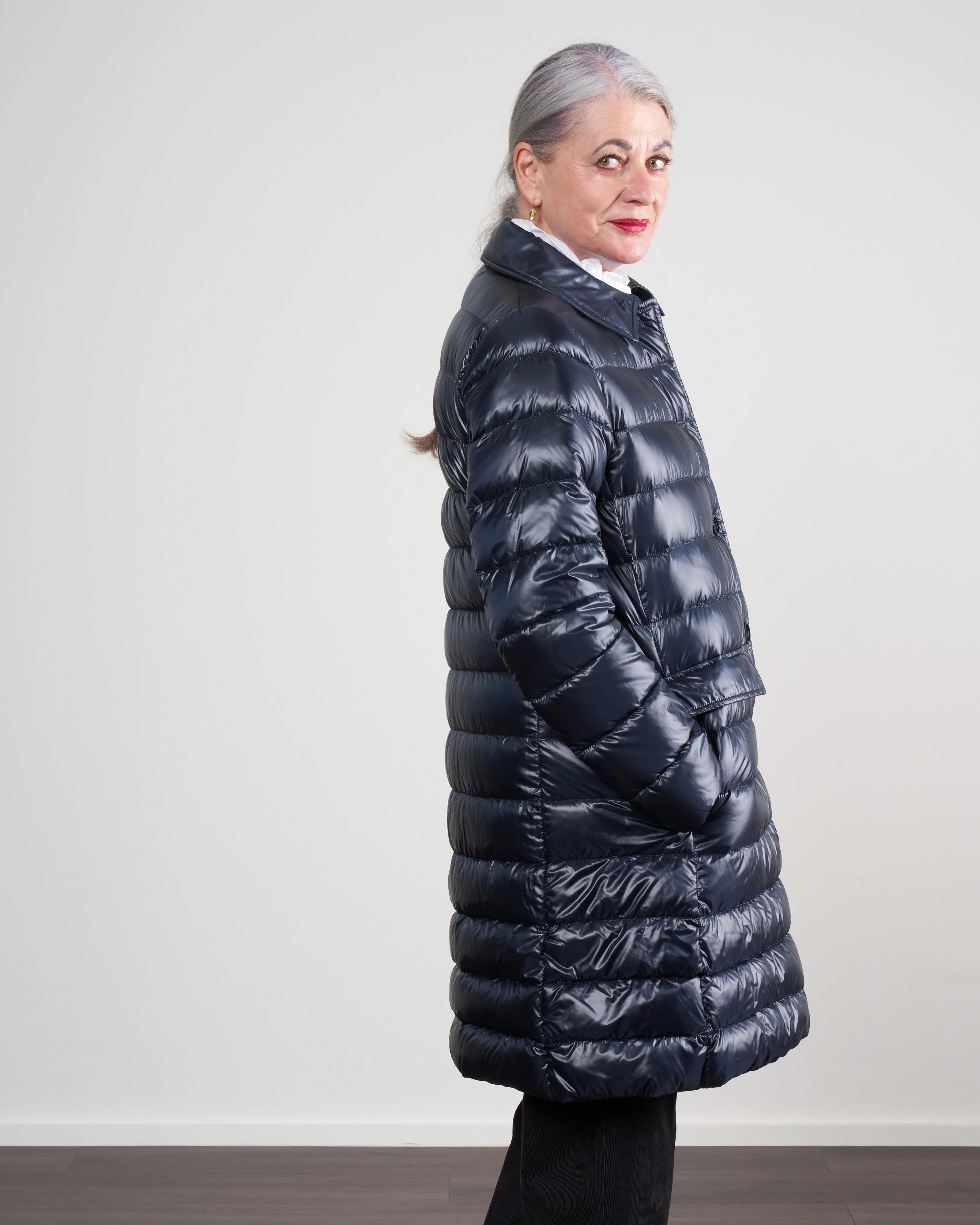 nylon ultralight button front top coat - navy