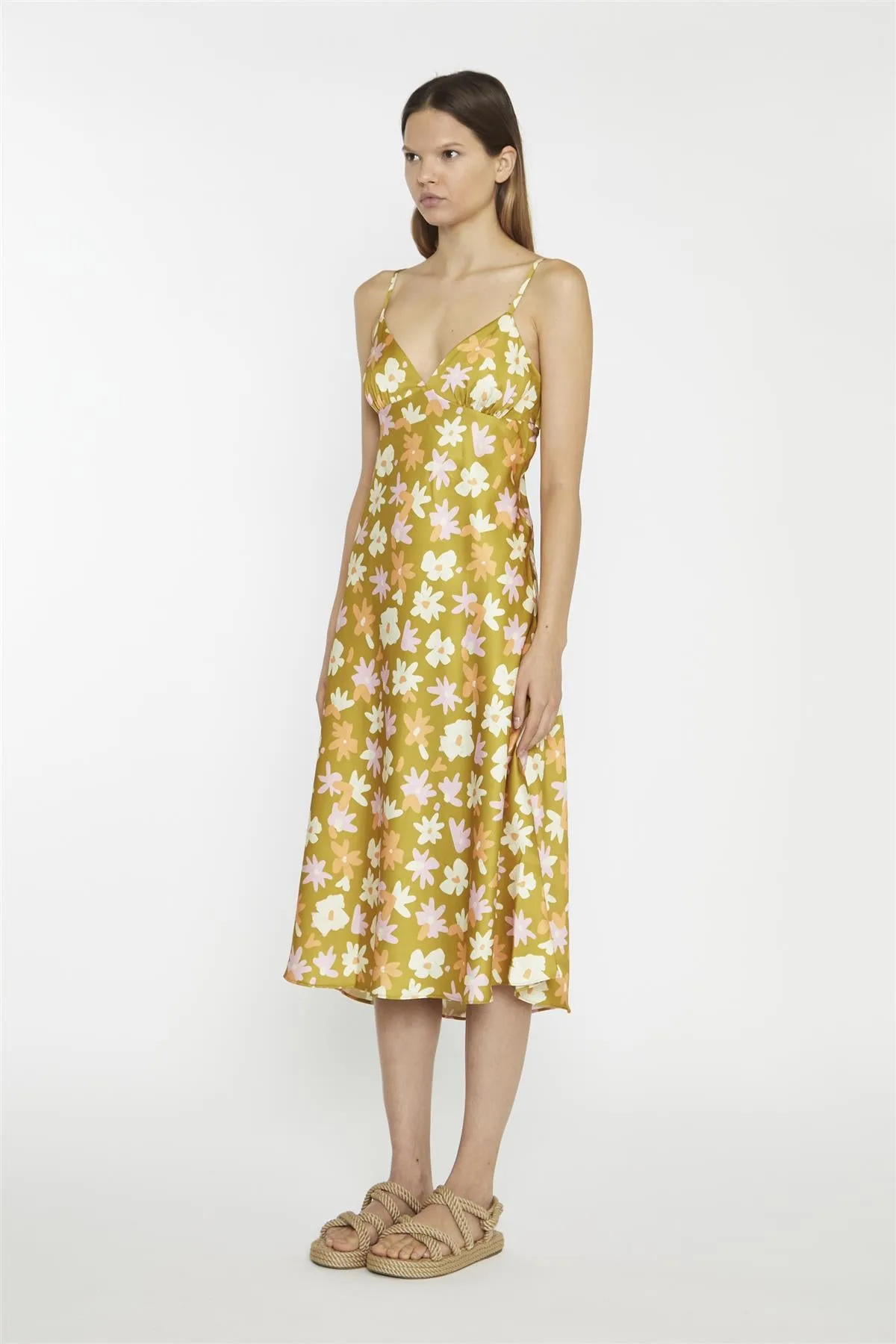Olive Multi-Flower Spaghetti-Strap Midi-Dress